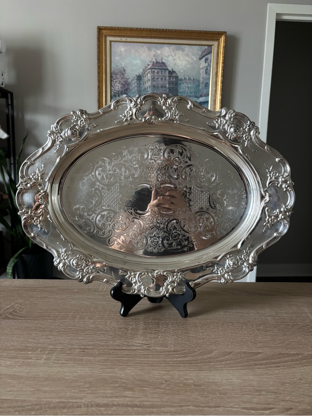 Vintage Towle Silverplate Oval Serving Tray Engraved Ornate 17”